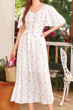 Fashion Street Print Frenulum V Neck Waist Skirt Dresses