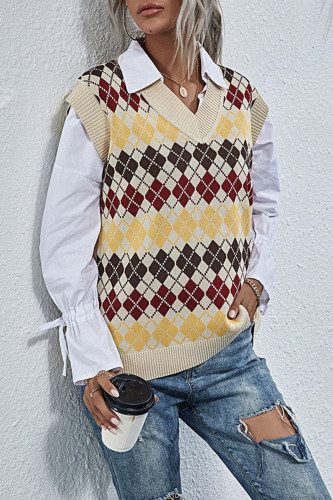 Fashion Work Plaid Split Joint V Neck Tops