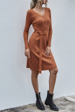 Elegant Solid Buckle With Belt V Neck Dresses
