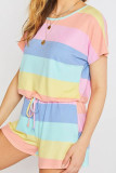 Fashion Casual Striped Split Joint O Neck Short Sleeve Two Pieces