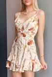 Fashion Sexy Print Backless Flounce V Neck Sling Dresses