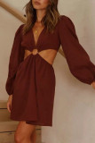 Fashion Sexy Solid Hollowed Out V Neck A Line Dresses