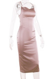 Fashion Street Solid Backless Spaghetti Strap Wrapped Skirt Dresses
