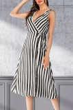 Fashion Elegant Striped Split Joint Frenulum V Neck A Line Dresses