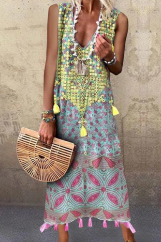 Bohemian Print Tassel Split Joint V Neck A Line Dresses