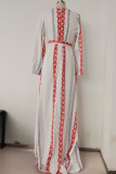 Fashion Sweet Print Split Joint V Neck A Line Dresses