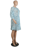 Fashion Elegant Floral Buckle Flounce O Neck A Line Dresses