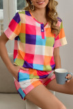 Fashion Casual Plaid Split Joint O Neck Short Sleeve Two Pieces