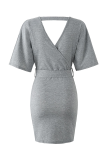 Fashion Elegant Solid Split Joint With Belt V Neck Wrapped Skirt Dresses