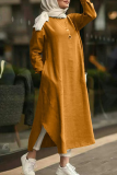 Casual Vintage Solid Buttons Slit O Neck Dresses