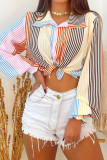 Fashion Street Striped Split Joint Turndown Collar Tops