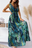 Fashion Sweet Print Split Joint V Neck A Line Dresses