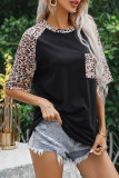 Fashion Casual Leopard Split Joint O Neck T-Shirts