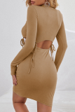 Elegant Solid Hollowed Out Frenulum O Neck Long Sleeve Two Pieces
