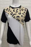 Casual Patchwork Leopard Contrast O Neck T-Shirts