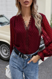 Elegant Dot Lace Split Joint V Neck Tops
