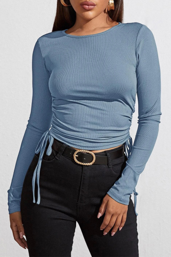 Casual Solid Draw String O Neck Tops