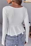Casual Solid Flounce Fold V Neck Tops