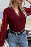 Elegant Dot Lace Split Joint V Neck Tops
