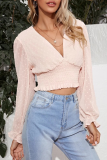 Elegant Solid Split Joint Fold V Neck Tops