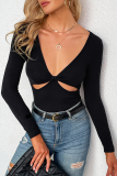 Fashion Elegant Solid Hollowed Out Split Joint V Neck Tops