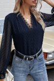 Elegant Dot Lace Split Joint V Neck Tops