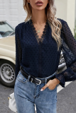 Elegant Dot Lace Split Joint V Neck Tops