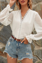 Elegant Dot Lace Split Joint V Neck Tops