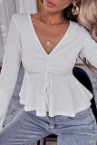 Casual Solid Flounce Fold V Neck Tops