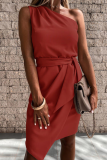 Elegant Solid Patchwork Strap Design One Shoulder Irregular Dress Dresses