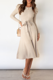 Elegant Solid With Belt O Neck Dresses Sweater