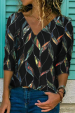 Casual Print Split Joint V Neck Tops