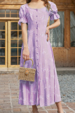 Elegant Print Buckle Flounce O Neck A Line Dresses