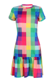 Casual Plaid Split Joint Flounce O Neck A Line Dresses