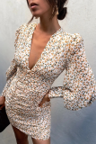 Fashion Elegant Floral Split Joint Fold V Neck Wrapped Skirt Dresses