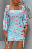 Fashion Street Print Fold Off the Shoulder Wrapped Skirt Dresses