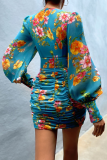Fashion Elegant Floral Split Joint Fold V Neck Wrapped Skirt Dresses