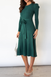Elegant Solid With Belt O Neck Dresses Sweater