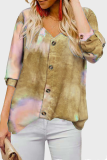 Casual Tie Dye Split Joint Buckle V Neck Tops