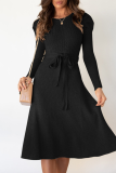 Elegant Solid With Belt O Neck Dresses Sweater