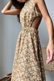 Sweet Elegant Floral Split Joint Backless O Neck A Line Dresses