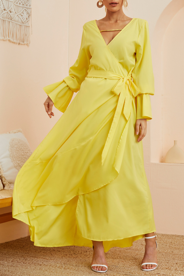 Casual Elegant Solid Split Joint Frenulum V Neck A Line Dresses