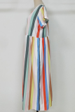 Sweet Striped Split Joint V Neck A Line Dresses