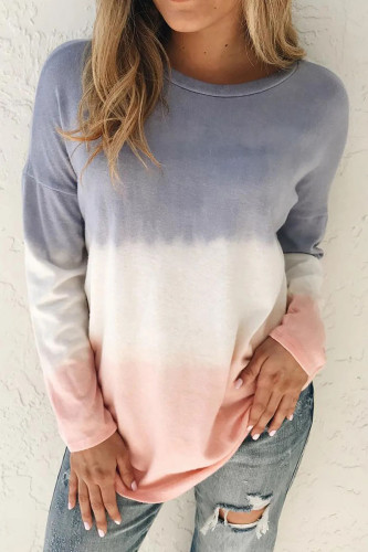 Fashion Sweet Gradual Change Split Joint O Neck Tops