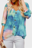 Casual Tie Dye Split Joint Buckle V Neck Tops