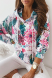 Casual Floral Split Joint Pocket Hooded Collar Tops
