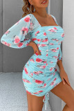 Fashion Street Print Fold Off the Shoulder Wrapped Skirt Dresses