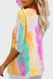 Casual Tie Dye Split Joint Buckle V Neck Tops