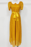 Elegant Patchwork Hollowed Out With Belt Peter Pan Collar A Line Dresses