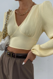 Elegant Solid Frenulum Backless V Neck Tops
